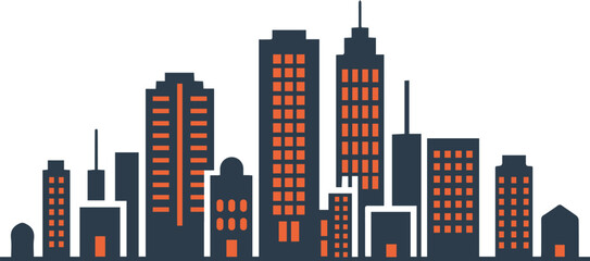 Flat City Skyline Vector Illustration with Modern Skyscraper Silhouettes and Orange Windows © icon center