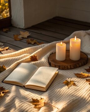 Creating a cozy reading corner with candlelight open book and dry maple leaves in warm shadows of natural light