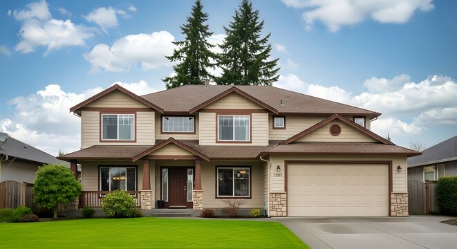 Beautiful two story family home with a well maintained lawn and cloudy blue sky backdrop