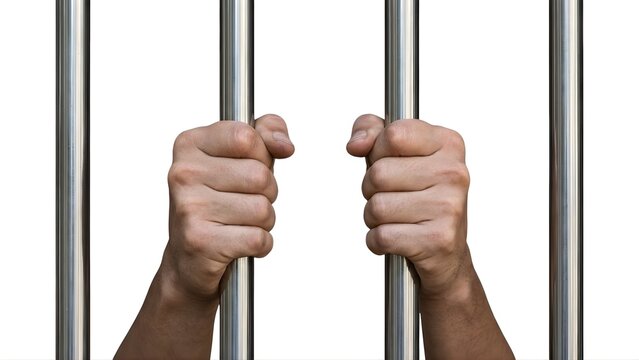 A pair of clenched fists gripping metal prison bars on a white background symbolizing confinement and desperation
