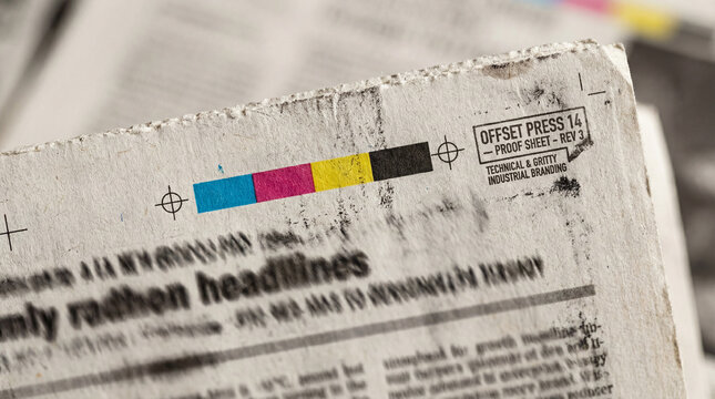 Gritty industrial newspaper texture with sharp color targets