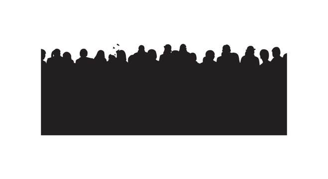 Large crowd of people silhouettes standing together as group of unidentified human figures black shapes white background.