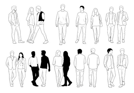 Vector outline illustrations of diverse people walking and standing. Minimalist black and white line art figures suitable for architectural context and graphic design projects