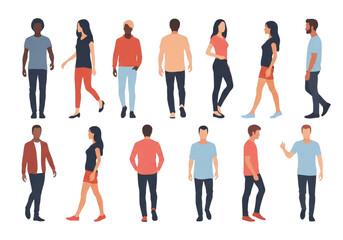 Fototapeta premium Vector illustration set featuring diverse young men and women in various casual poses and modern clothing, perfect for depicting a multi-ethnic urban lifestyle and individuality