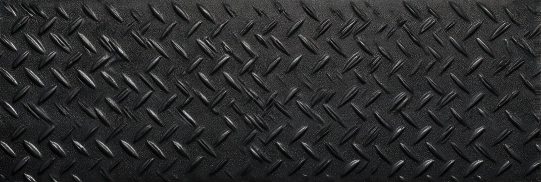 Black diamond plate metal texture with raised tread pattern, glossy highlights, and pebbled surface for industrial background or flooring design use.