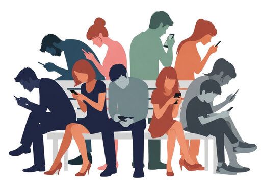 People engrossed in their smartphones, oblivious to their surroundings, illustrating modern digital addiction and social isolation