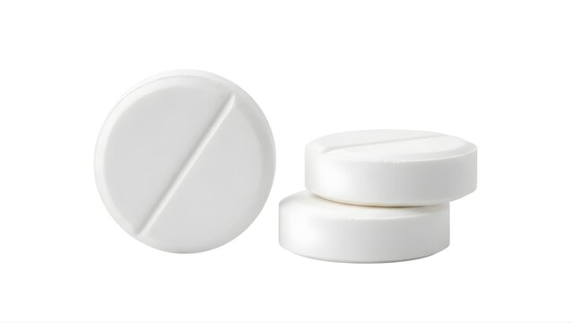 Three white round pills with a line through the center on a plain white background