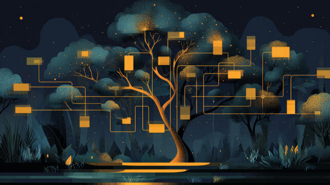 Decision tree diagram glowing with branching pathways and insights. 