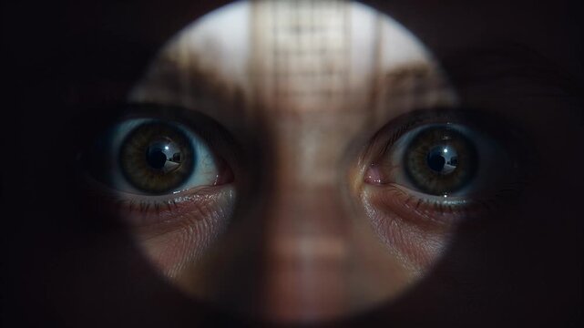 Anonymous eyes peer through a dark digital peephole with intense curiosity and suspicion