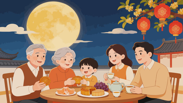 Family gathering under moonlight