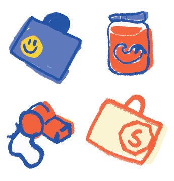 Collection of colorful icons: Spicy sauce jar, red whistle and travel suitcases doodle set