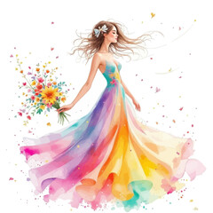 Fototapeta premium Vibrant Watercolor Illustration of a Graceful Young Woman in a Flowing Rainbow Gown Holding a Colorful Wildflower Bouquet 