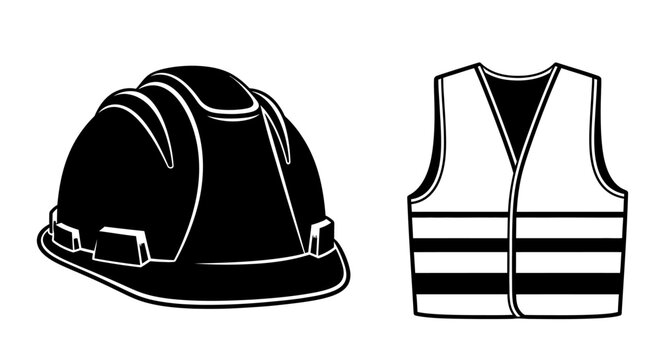 MAY DAY construction safety icons, hard hat and vest, black and white, vector graphics vector