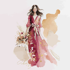 Fototapeta premium Artistic Watercolor Fashion Illustration of a Woman in a Burgundy and Peach Gown with an Elegant Ribbon Sash 