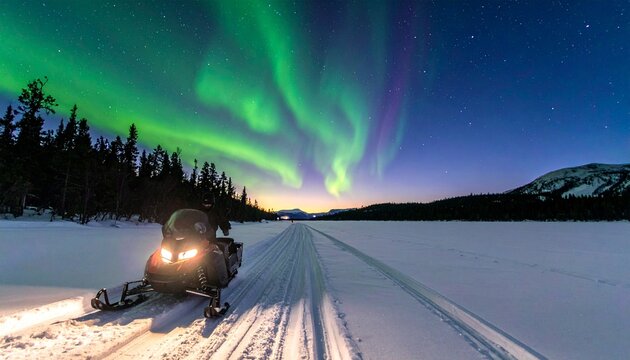 Snowmobile traveling on a frozen lake or plain under the aurora borealis at night with northern lights night sky snowmobile landscape adventure darkness