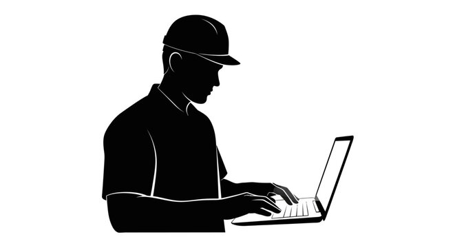 MAY DAY Black silhouette of a man in a cap using a laptop, computer user icon, business professional vector, office worker vector