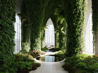 Fototapeta premium A lush indoor garden with white gothic arches, climbing pink flowers, and a tranquil natural pool.