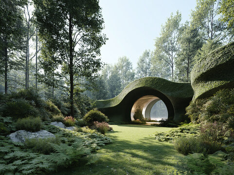 A lush indoor garden with white gothic arches, climbing pink flowers, and a tranquil natural pool.