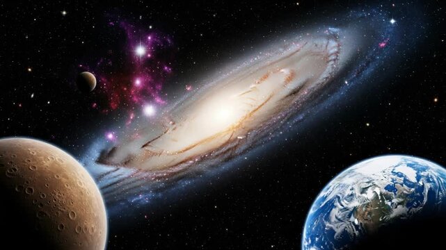 Vast galaxy with planets and nebulae in deep space