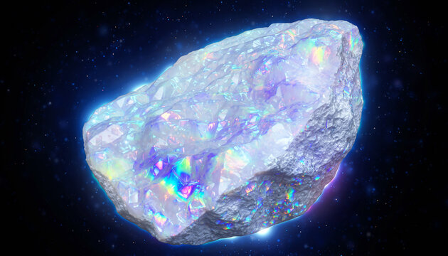 Iridescent crystal gemstone glowing in dark space background, colorful opal mineral rock　暗い宇宙背景で光り輝く虹色の結晶宝石、色彩豊かなオパールのような鉱物