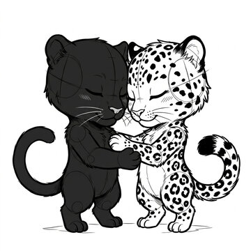 Chibi panther and leopard leaning foreheads close.
