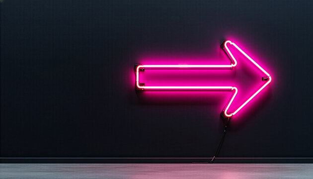Pink neon arrow sign glowing on black wall background, glowing directional indicator　黒い壁に光るピンクのネオン矢印サイン、発光する方向指示器　コピースペースありのイラスト