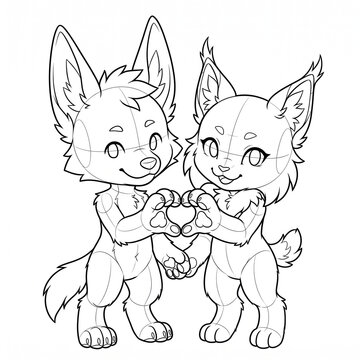 Two chibis making heart shape with animal paws base.