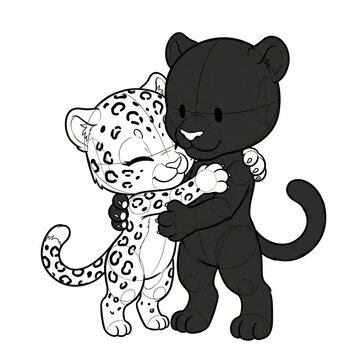 Chibi female leopard nuzzling neck of male panther base.