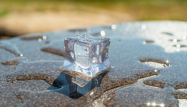 Single ice cube melting on stone surface outdoors, cold water drops and wet texture　屋外の石の上で溶ける一つの氷のキューブ、冷たい水滴と濡れたテクスチャ