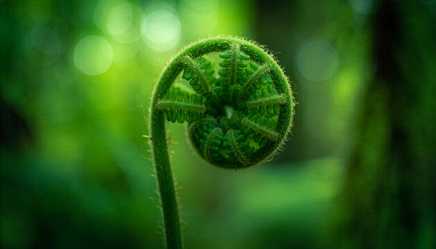 Macro shot of a young fern frond uncurling in the green forest, spiral shape of nature　緑の森で芽吹くシダの新芽のマクロ撮影、自然が作るスパイラルの形状　イラスト