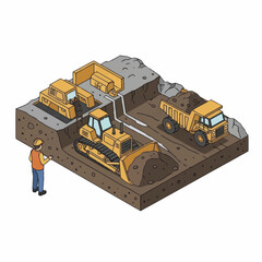 Construction site with heavy machinery and worker illustration. © Achmad