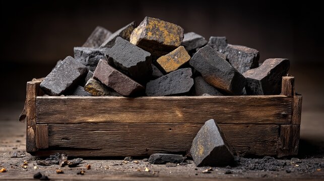 Carved Soapstone Fragments in a Rustic Wooden Crate Arrangement