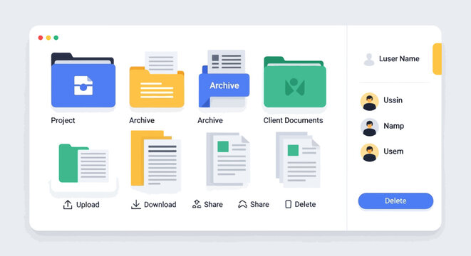 User interface design showing a file management system with folders and documents.