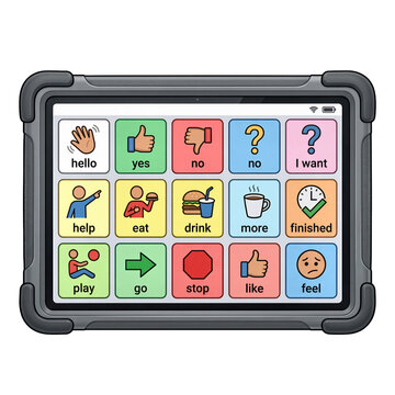 Augmentative and alternative communication device on a tablet with colorful icons for nonverbal speech assistance