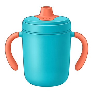 Teal and orange plastic sippy cup with handles for toddlers and children isolated on a white background