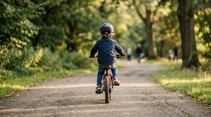 Fototapeta premium A young child riding a bicycle on a path in a park during a sunny day