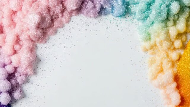 Different colored salts are placed on a flat white surface in creative shapes. Soft hues blend together to form a simple design. The process shows the fun of color mixing