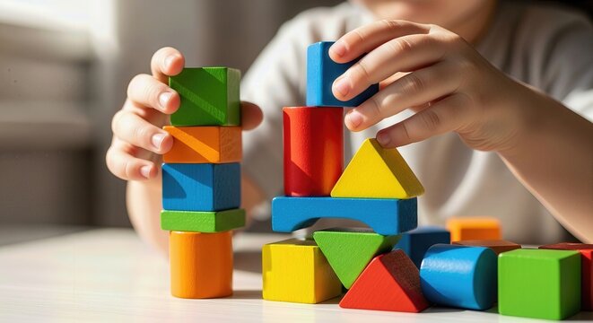 A young child's hands carefully stacking vibrant wooden shapes, engaging in constructive play, fostering cognitive development, early education, creative thinking, learning activity