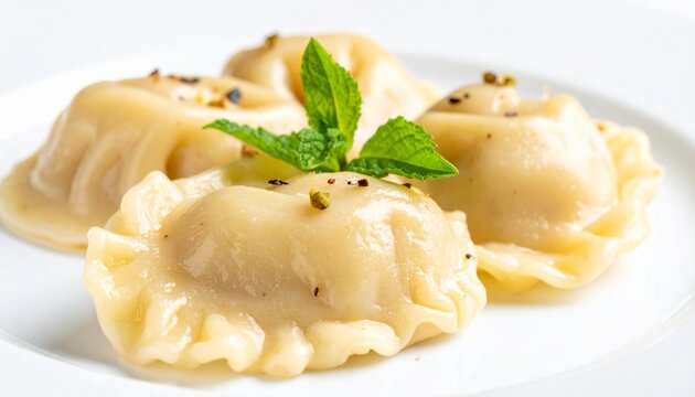 Plate of savory dumplings adorned with fresh mint leaves and seasoned with pepper asian food dumplings appetizer delicious