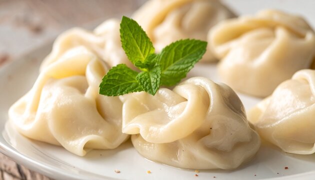 Plump steamed dumplings with a mint leaf garnish presented on a white ceramic plate asian food dumplings appetizer homemade