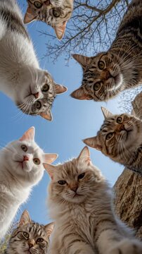 Curious felines observing from above, a playful group of domestic cats looking down with interest against a bright blue sky, animal interaction, pet companionship