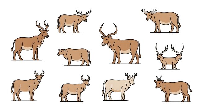 Vector illustrations of diverse horned mammals, like deer and antelope, in various poses with clean line art and natural colors, perfect for wildlife-themed design projects and educational materials