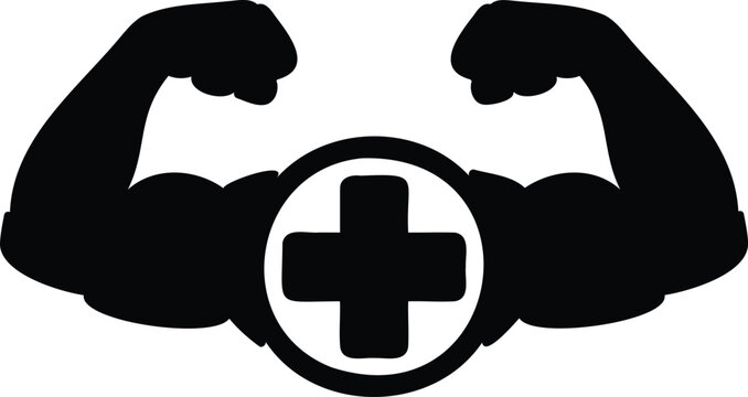 Muscular arms with flexed biceps and medical cross symbol in circle
