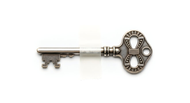 Antique brass key with ornate bow design taped on white background
