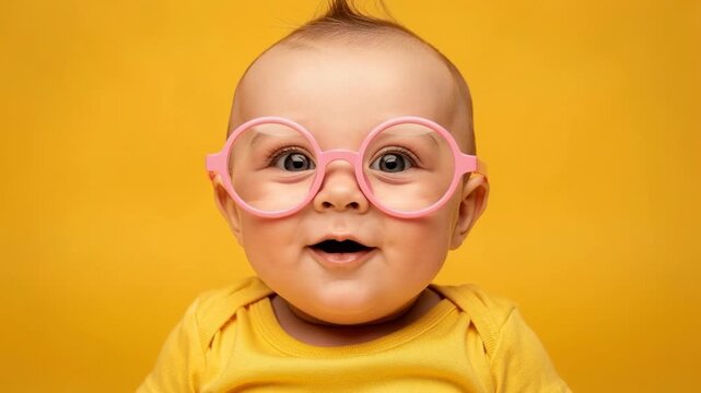Adorable curious baby wearing oversized pink glasses and bright yellow outfit expressing surprise indoors