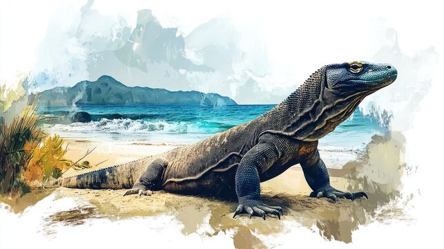 A large lizard on a tropical beach, coastal, landscape illustration