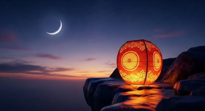Nighttime serenity a glowing lantern under a crescent moon