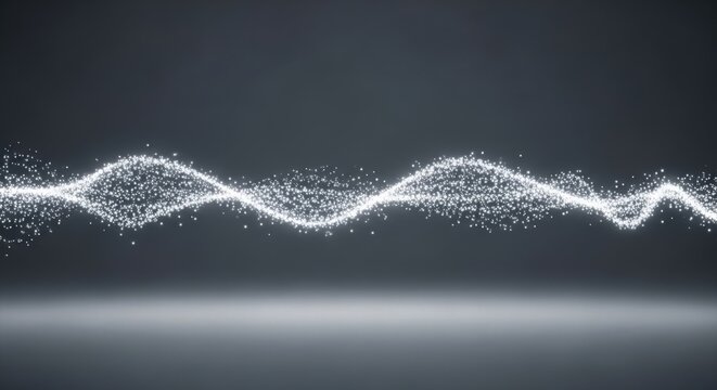 Glowing white light wave particles on abstract dark gray background space.