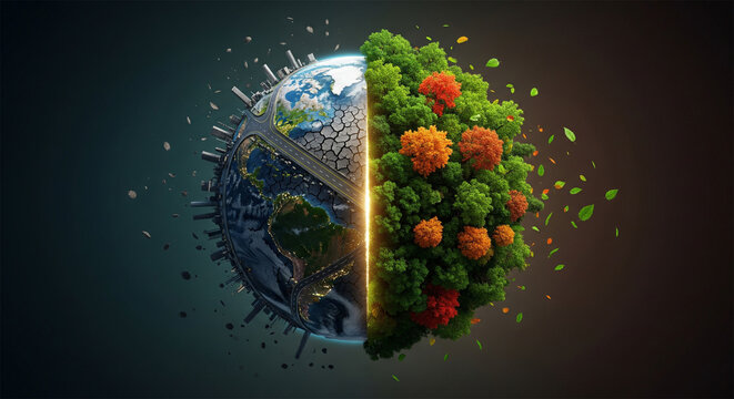 Dichotomy of Earth: one half barren and polluted, the other vibrant and green with life.