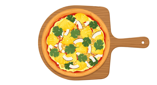 Flat illustration of a delicious pizza on a wooden board